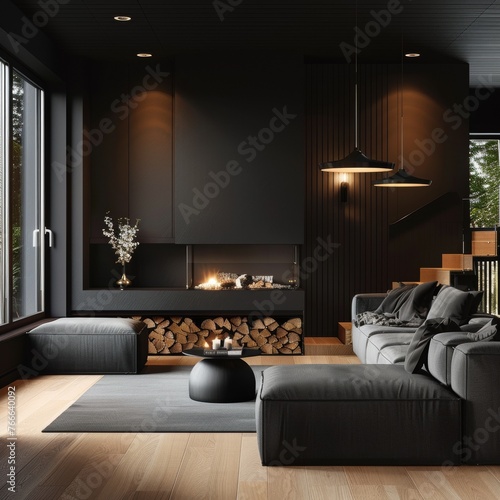 A chic living room with dark walls, a modern fireplace with stacked firewood, and sophisticated furniture creating a luxurious yet inviting ambiance.