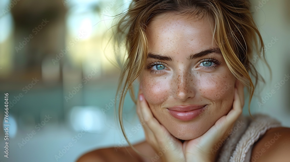A radiant young woman with freckles and a joyous smile holds her face in her hands on a blurred background, symbolizing natural beauty and happiness. A radiant young woman with freckles and a joyous smile holds her face in her hands on a blurred background, symbolizing natural beauty and happiness.