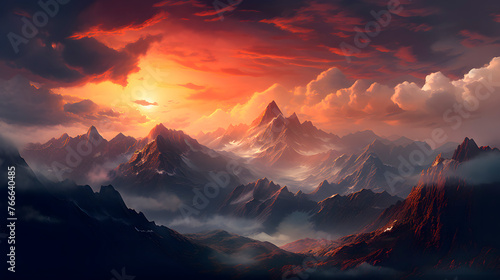 sunset in mountains, beautiful mountains in a sunset photo