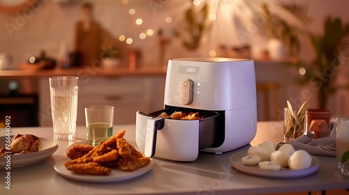 Modern air fryer on a kitchen counter with prepared food such as fried chicken and boiled eggs, with a warm and cozy ambient lighting in the background. 