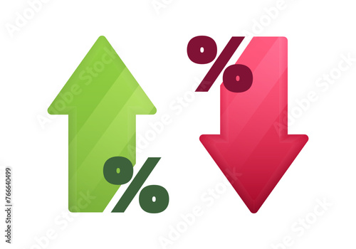 Percentage with arrow up and down. 3D blend design of arrow with percent sign. Design concept for banking, credit, interest rate, finance and money sphere. Vector illustration
