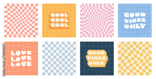 Retro groovy 70s backgrounds with different inscription. Twisted and distorted chessboard, mesh and lines. Funky hippie fashion texture in trendy retro psychedelic style. Vector illustration