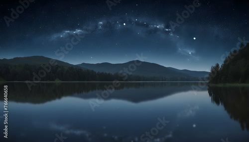 Majestic Starry Night Sky Over A Serene Calm Lak © Kara