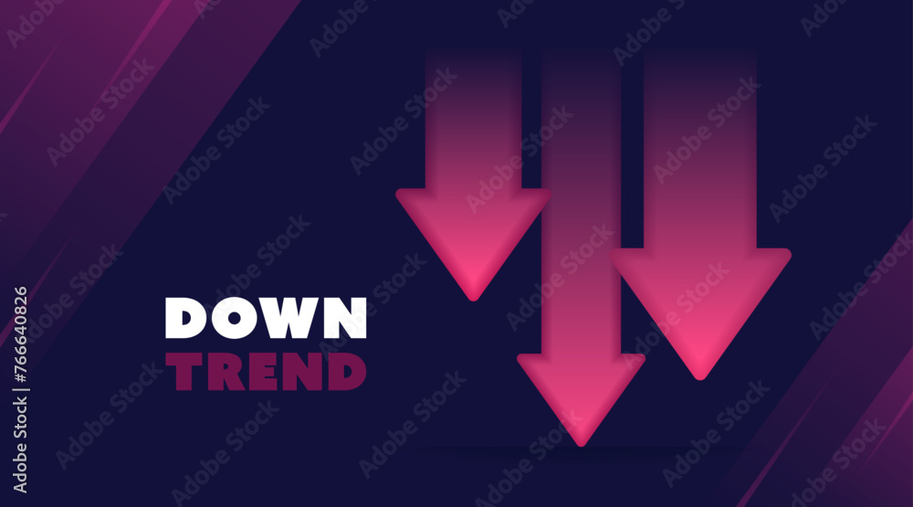 Down trend with 3d arrows isolated on blue background with glowing effect. Arrows falling down and thereby show the loss of assets. Stock exchange concept. Trader loss. Vector illustration Down trend with 3d arrows isolated on blue background with glowing effect. Arrows falling down and thereby show the loss of assets. Stock exchange concept. Trader loss. Vector illustration