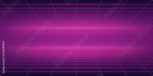Futuristic perspective grid background. Abstract cyberpunk wireframe with pink grid line on dark purple background with shiny and glowing effect. Virtual reality landscape in 80s 90s digital style photo