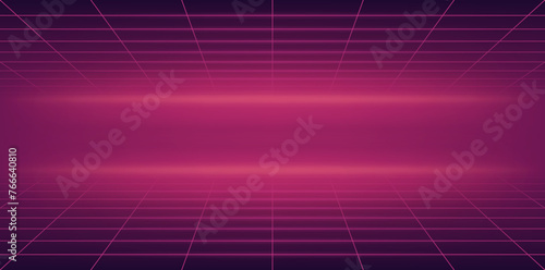 Futuristic perspective grid background. Abstract cyberpunk wireframe with pink grid line on dark pink background with shiny and glowing effect. Virtual reality landscape in 80s 90s digital style