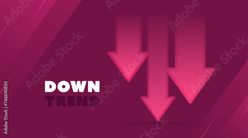 Down trend with 3d arrows isolated on red background with glowing effect. Arrows falling down and thereby show the loss of assets. Stock exchange concept. Trader loss. Vector illustration