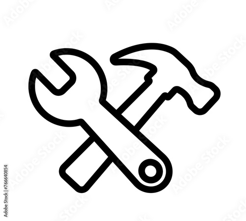 repair black line, icon settings sign, disassembly information, service, guide, wrench and hammer vector symbol