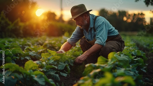 senior farmer working in crops field in sunrise background