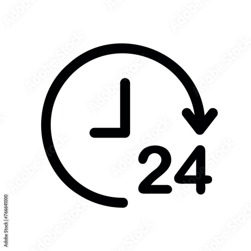 24 hours service icon, clock symbol with arrow and 24 number, black vector sign