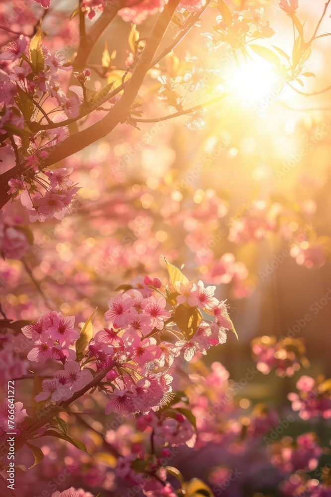 Beautiful cherry blossom sakura in spring time with soft focus. Blossoming branch of pink sakura flowers blooming in spring.