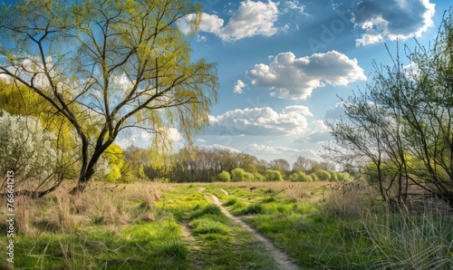 Spring landscape with meadow, trees, road and blue sky with clouds.