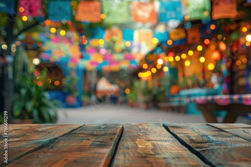 Empty wooden table and blurred background of street with colorful lights, product display montage