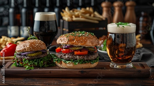 Gourmet hamburgers with fresh ingredients and craft beer on wooden board