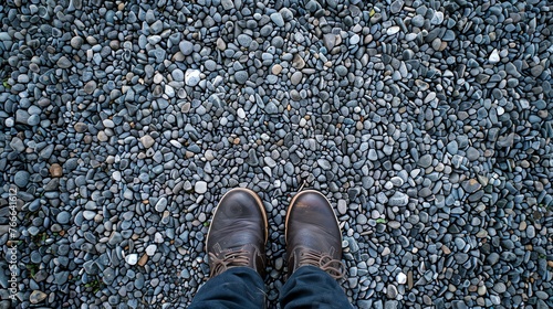 Looking down at a pair of brown leather shoes on a pebble beach. The shoes are untied and the person is standing with their feet shoulder-width apart. photo