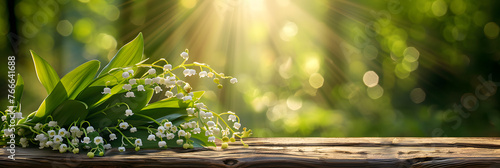 Fresh lily of the valley flowers on rustic wood, with a bright, blurred green background copy space wooden table top spring mood photo