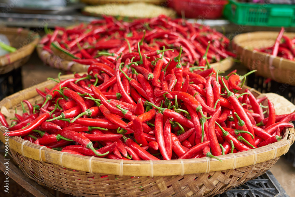 Red chili peppers on the market in Vietnam.