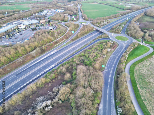 Aerial View of British Motorways M40 Passing Through Countryside of Oxfordshire During Sunrise Moring, England UK
