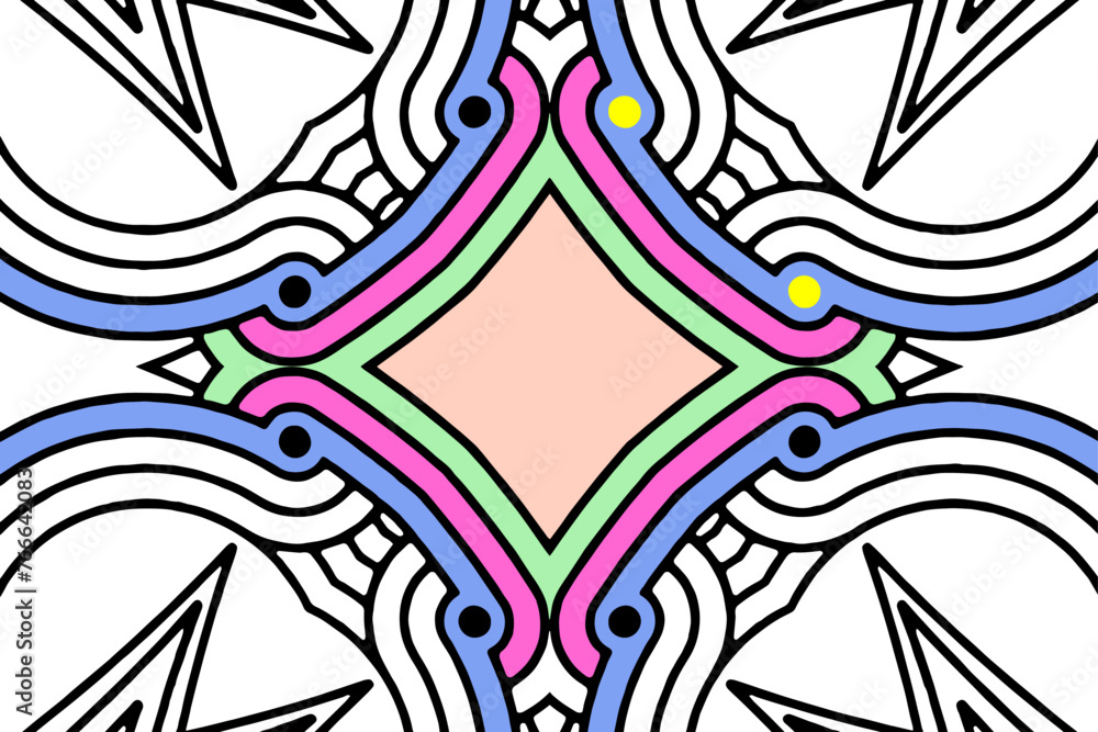 Obraz premium Coloring book for children and adults, handmade, doodling, zentangle, anti-stress. Black and white elegant linear drawing. A unique template in the ethnic style of the East, Asia, India, Mexico, Aztec
