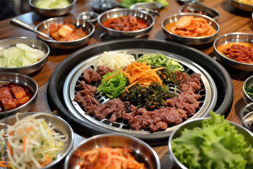 Korean barbecue with marinated meats and delicious sides, grilling experience tantalizes taste buds. Korean barbecue with marinated meats and delicious sides, grilling experience tantalizes taste buds.