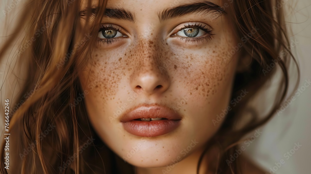 Close-up portrait of a young woman with freckles and wavy hair looking at the camera with a natural and soft gaze Close-up portrait of a young woman with freckles and wavy hair looking at the camera with a natural and soft gaze