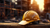 Construction site helmet and construction site background safety first concept