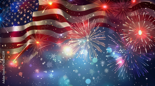 American flag background for Independence Day, 4th of July celebration, stars, stripes and fireworks