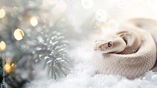 A cute white snake on Christmas and new year background. The Chinese calendar of 2025 year. New Year Background with the animal.