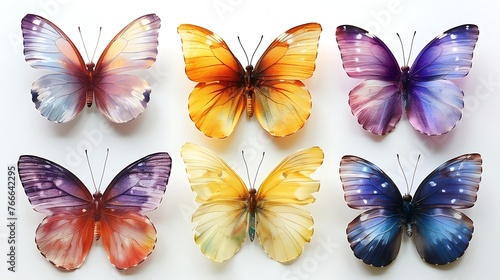 Colorful butterfly models arranged in a symmetrical pattern on a white background. 