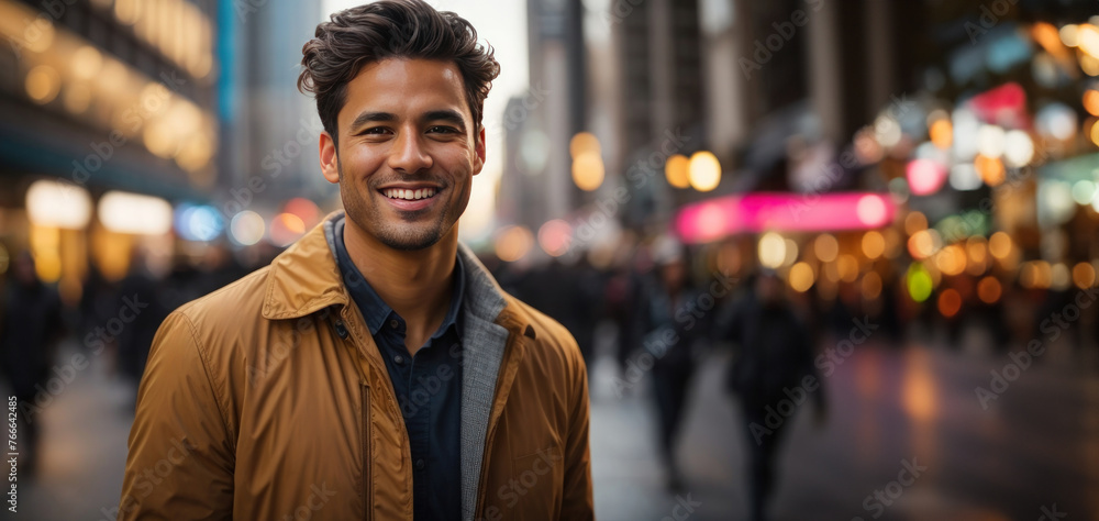 Fototapeta premium Smiling young man in a stylish coat on a busy city street.
