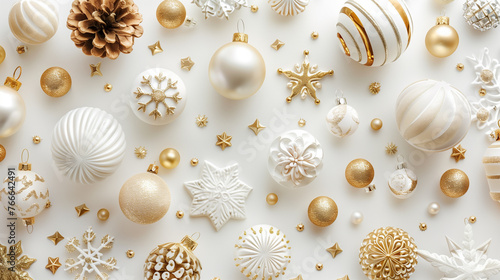 Beautiful winter holiday background with space for writing in white and gold tones. Christmas ornaments and new year backdrop.