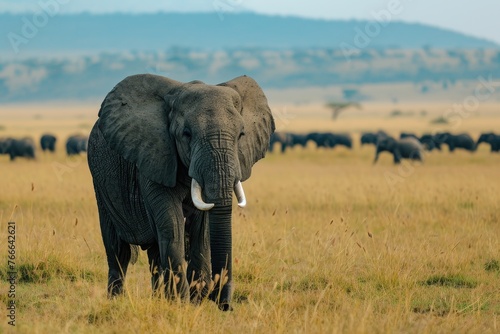 Majestic elephant roaming freely in its habitat, surrounded by the beauty of nature.