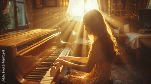 Jeune fille joue du piano, effet de lumière, enfant, apprentissage, jouer de la musique