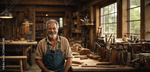 Skilled woodworker in his workshop with a friendly smile.