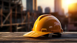 Construction site helmet and construction site background safety first concept