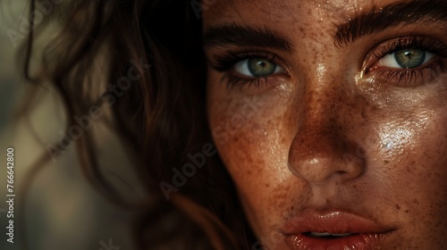 Portrait of a woman with captivating green eyes and sun-kissed freckled skin looking intently at the camera 