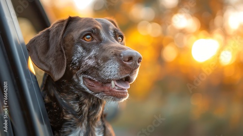 A brown dog sticks its head out of a car window with a warm, blurred sunset background. 
