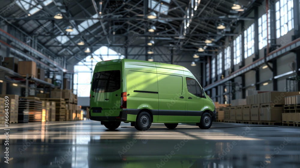 Photorealistic 3D visualization of an all-electric commercial van in a logistic companys livery Photorealistic 3D visualization of an all-electric commercial van in a logistic companys livery