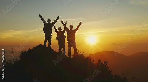 Three friends celebrate on a mountain peak at sunset silhouetted against a vibrant sky.