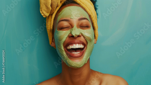 Dynamic shot of a woman laughing joyfully as she applies a vibrant organic face mask photo