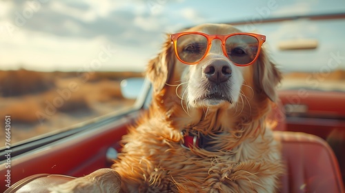 A golden retriever dog wearing sunglasses shades sitting in an open top sports car