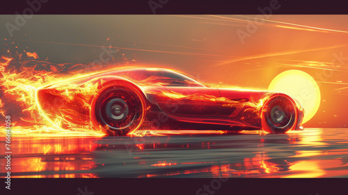 Illustration of a mythical Phoenix transforming into an autonomous vehicle vibrant flames morphing into sleek