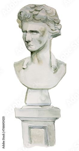 Statue of a man isolated on white. Watercolor ancient scupture artwork.