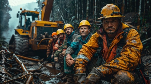 Group of lumberjacks taking a break during forestry work