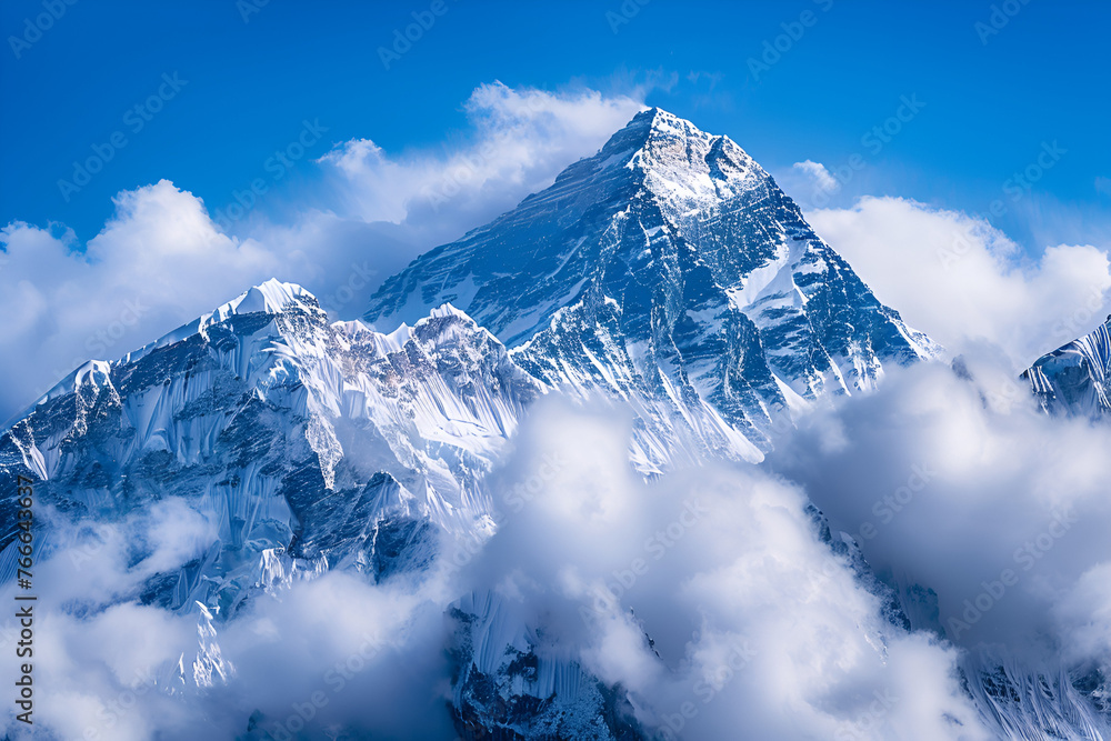 Mount Everest with Snow Covered Peak and Thick Stratus Clouds