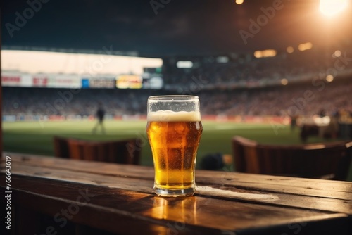 Refreshing beer on a stadium backdrop, capturing the spirit of game day.