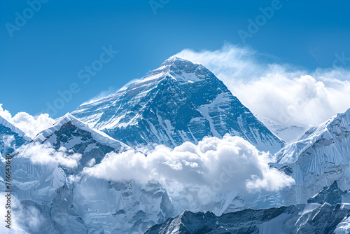 Mount Everest with Snow Covered Peak and Thick Stratus Clouds photo