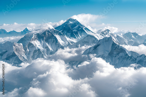 Mount Everest with Snow Covered Peak and Thick Stratus Clouds © FikriAbidin