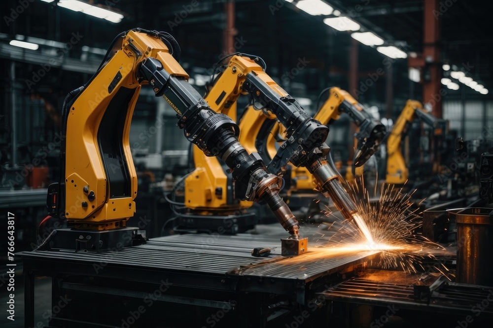 Precision robotic arm conducting welding in an industrial manufacturing unit. Precision robotic arm conducting welding in an industrial manufacturing unit.