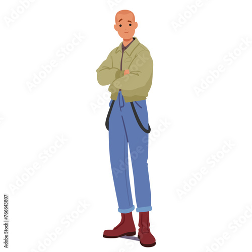 Skinhead Male Character Stands Full Height With A Distinctive Look, Shaved Head, Boots, Jeans, Crossed Arms, Vector